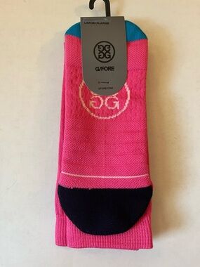 G/FORE Pink Crew Socks with Navy Toe and Teal Heel